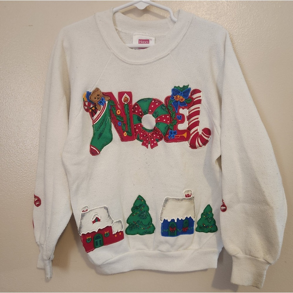 Vintage Her Way By Hanes Girls White Sz Medium Sweatshirt USA Puff Paint Christm